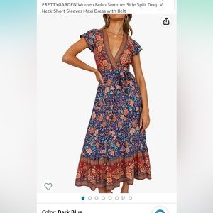 PRETTYGARDEN Women Boho Summer Side Split Deep V Neck Short Sleeves Maxi Dress